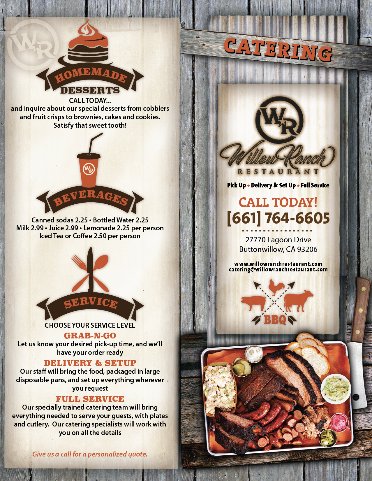 Willow Ranch catering menu Buttonwillow CA BBQ platters event catering menu options